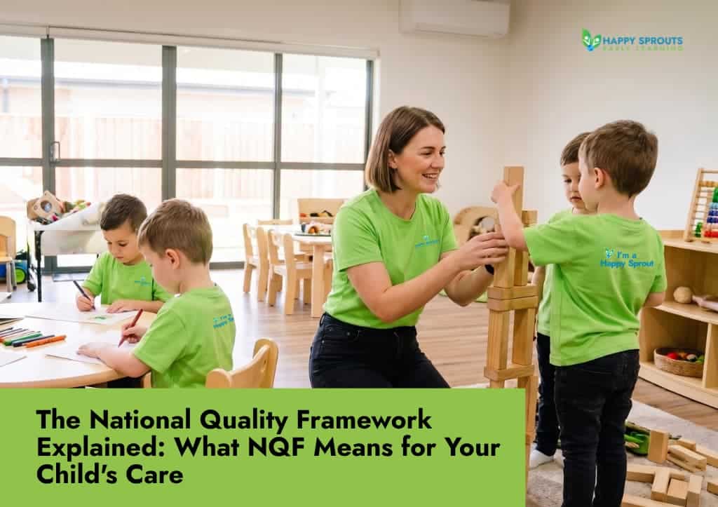 Educator welcoming a child and parent under national quality framework standards