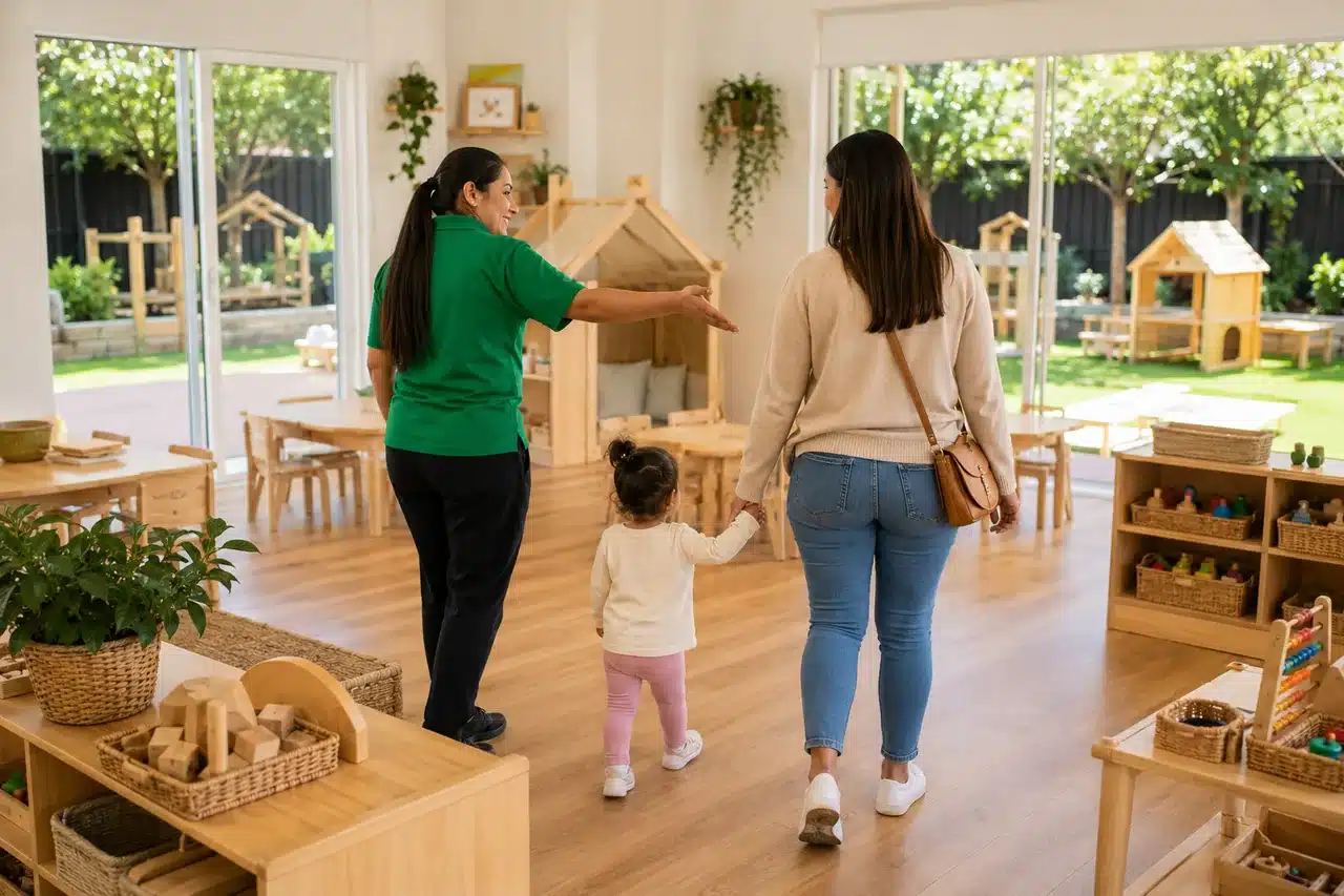 Parent and child visiting an early learning centre on a guided tour