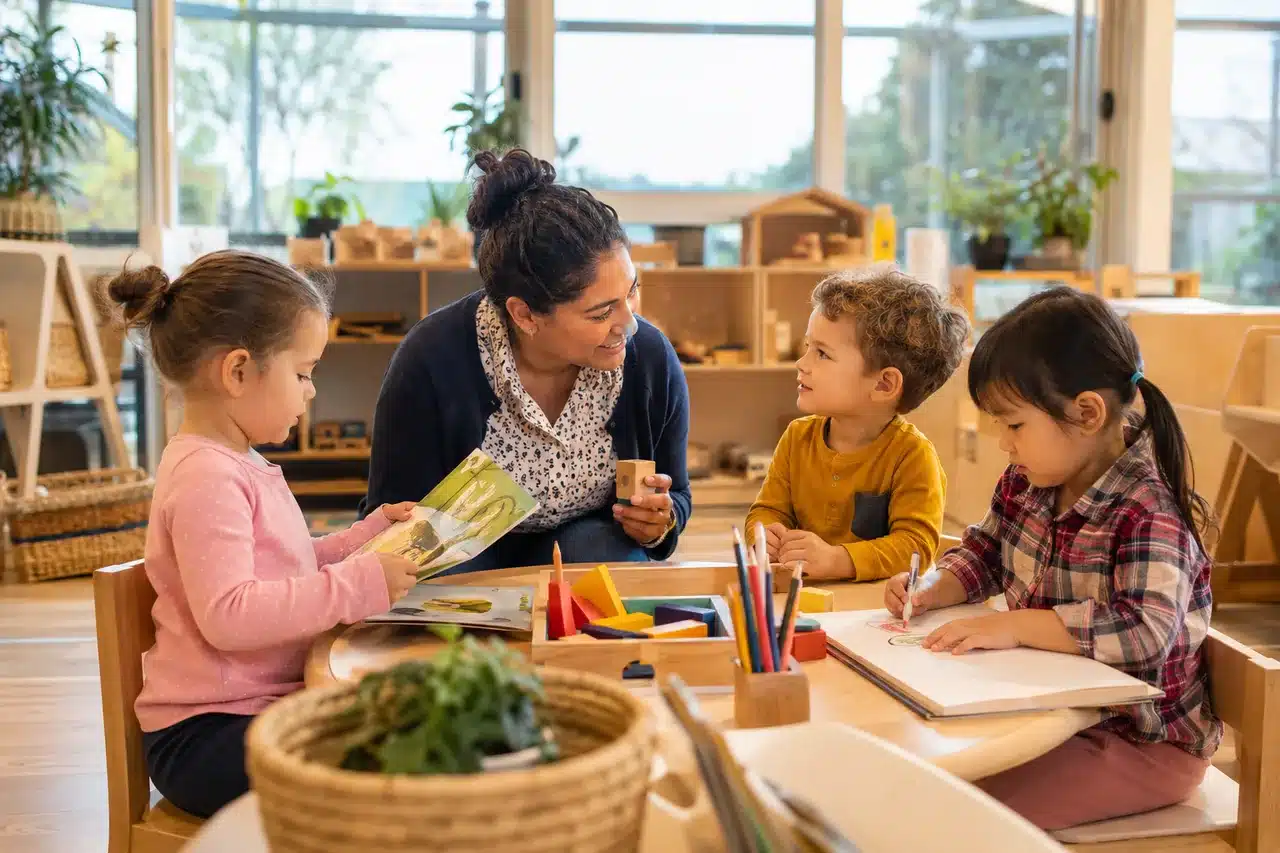 Educator and young children engaged in a play-based learning activity