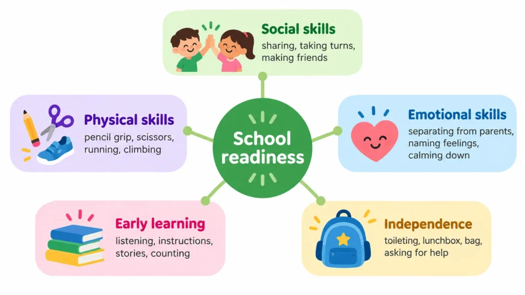 Diagram showing five connected areas of school readiness for children starting Prep