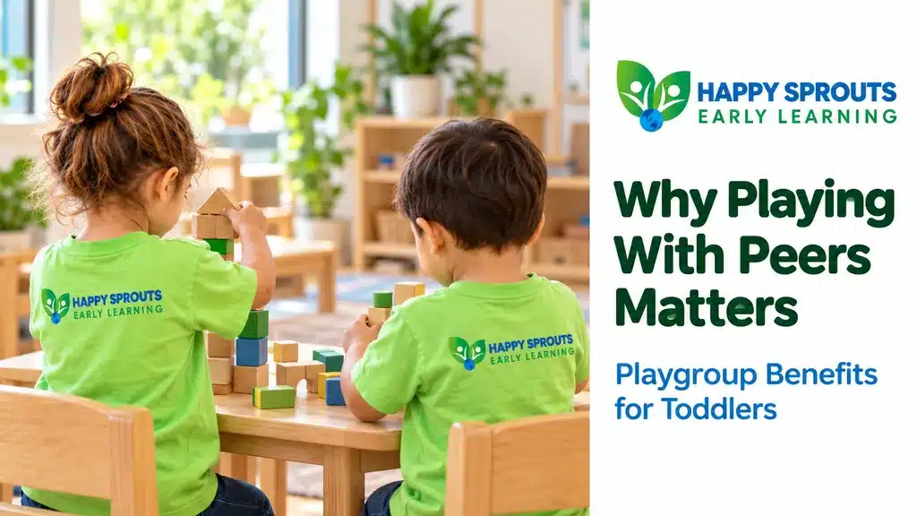 Two toddlers playing side by side with wooden blocks while a parent sits nearby