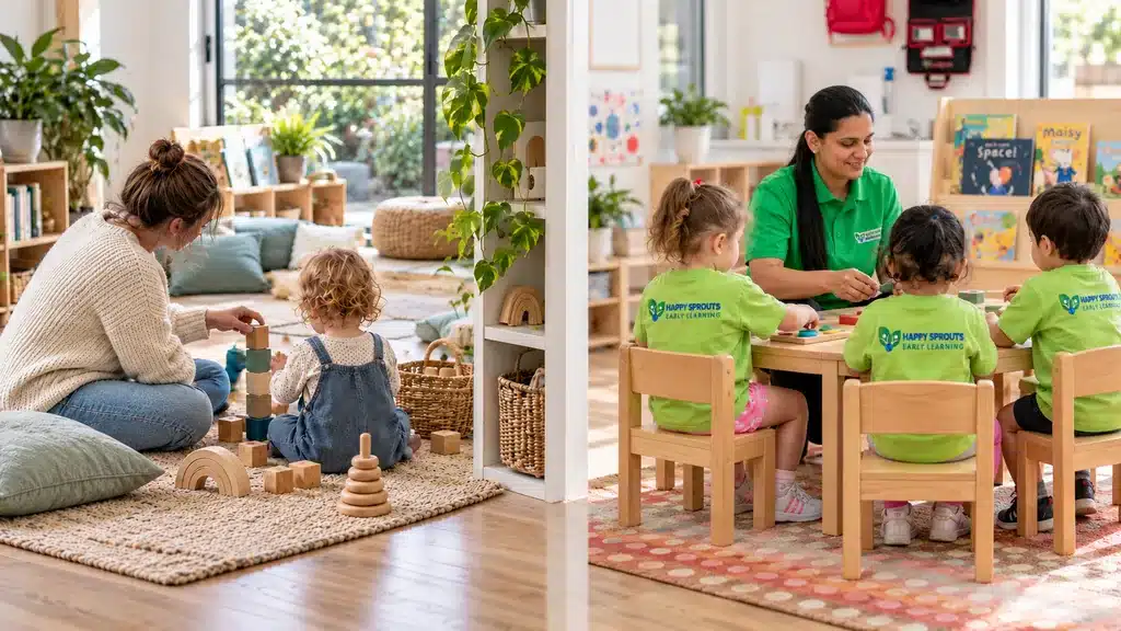 Parent playing with a toddler beside an educator leading a childcare activity